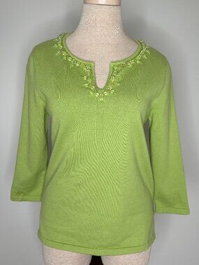Jones New York Women's Lime Green Split Neck Jeweled 3/4 Sleeve Sweater Size PS